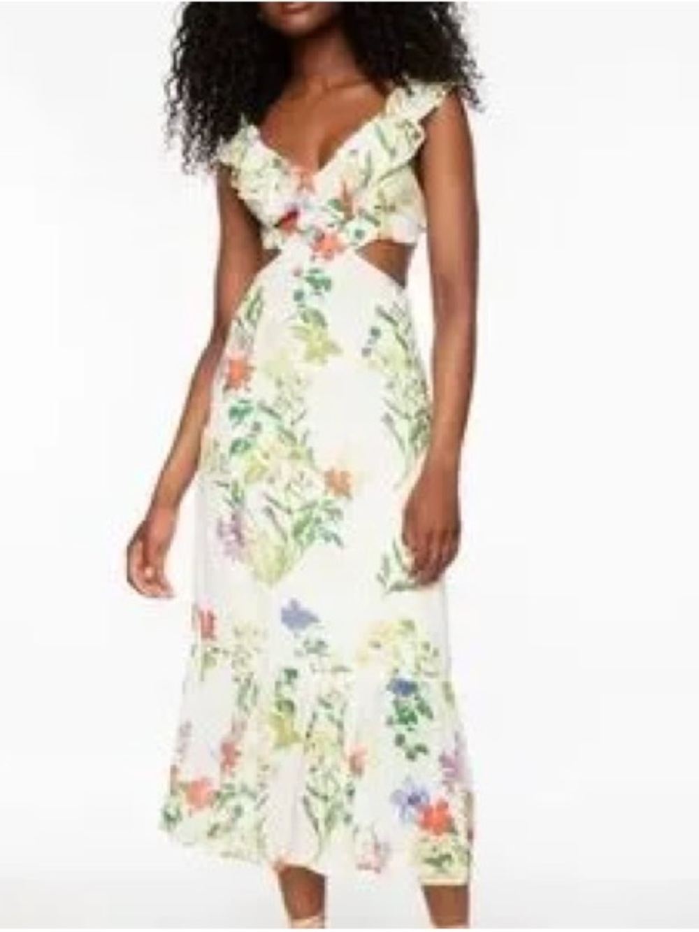Dynamite White Floral Ruffle V-Neck Cutout Midi Dress